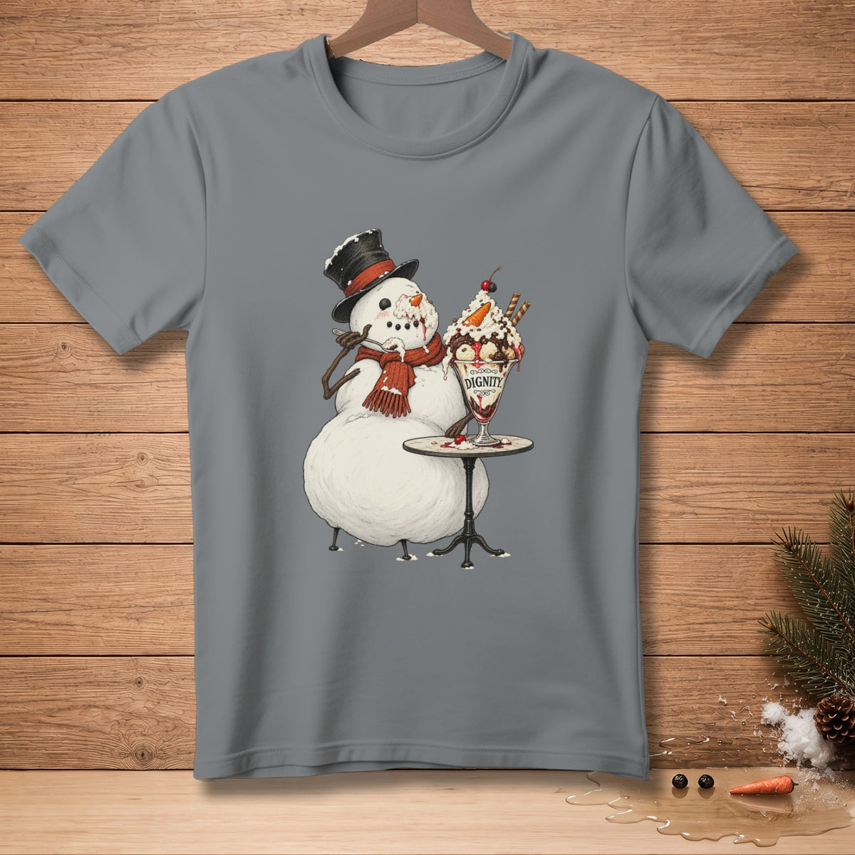 Snowman in a hat and scarf eating a large sundae with "DIGNITY" text.