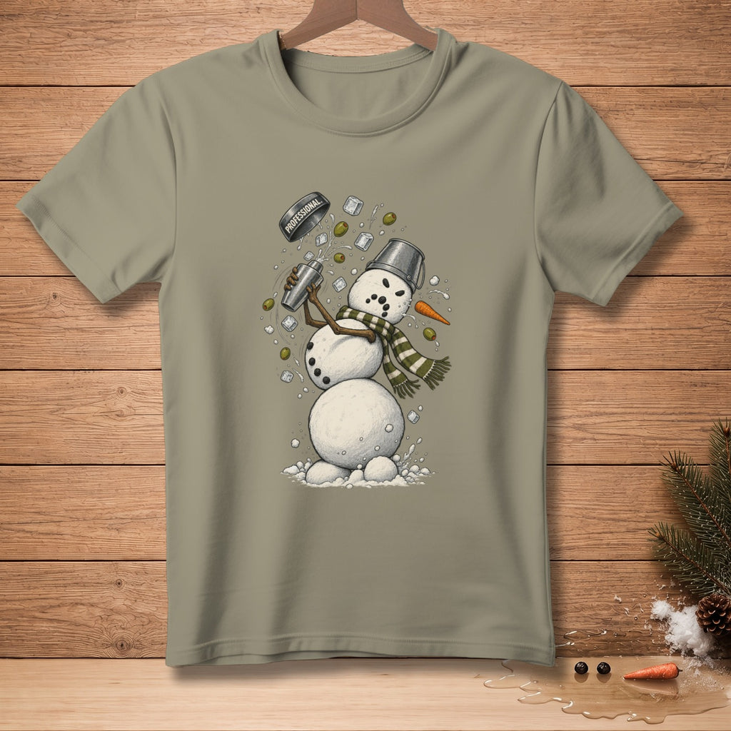 Snowman with carrot nose shaking cocktail shaker with olives and ice.