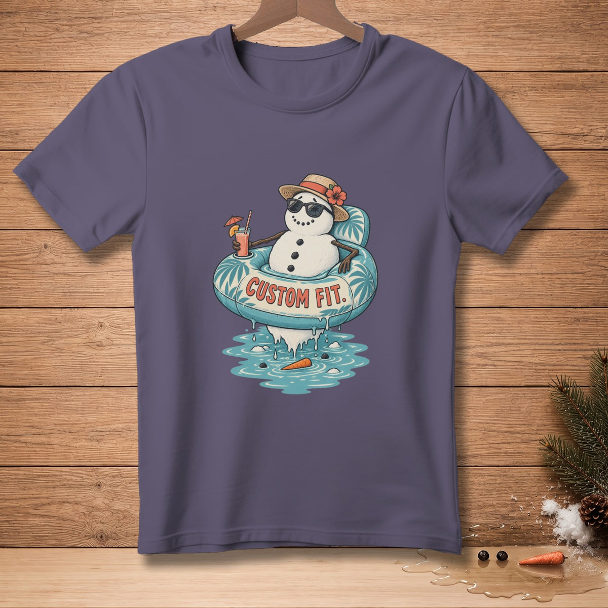 Snowman in inner tube with drink, wearing sunglasses and hat, with "CUSTOM FIT" text.