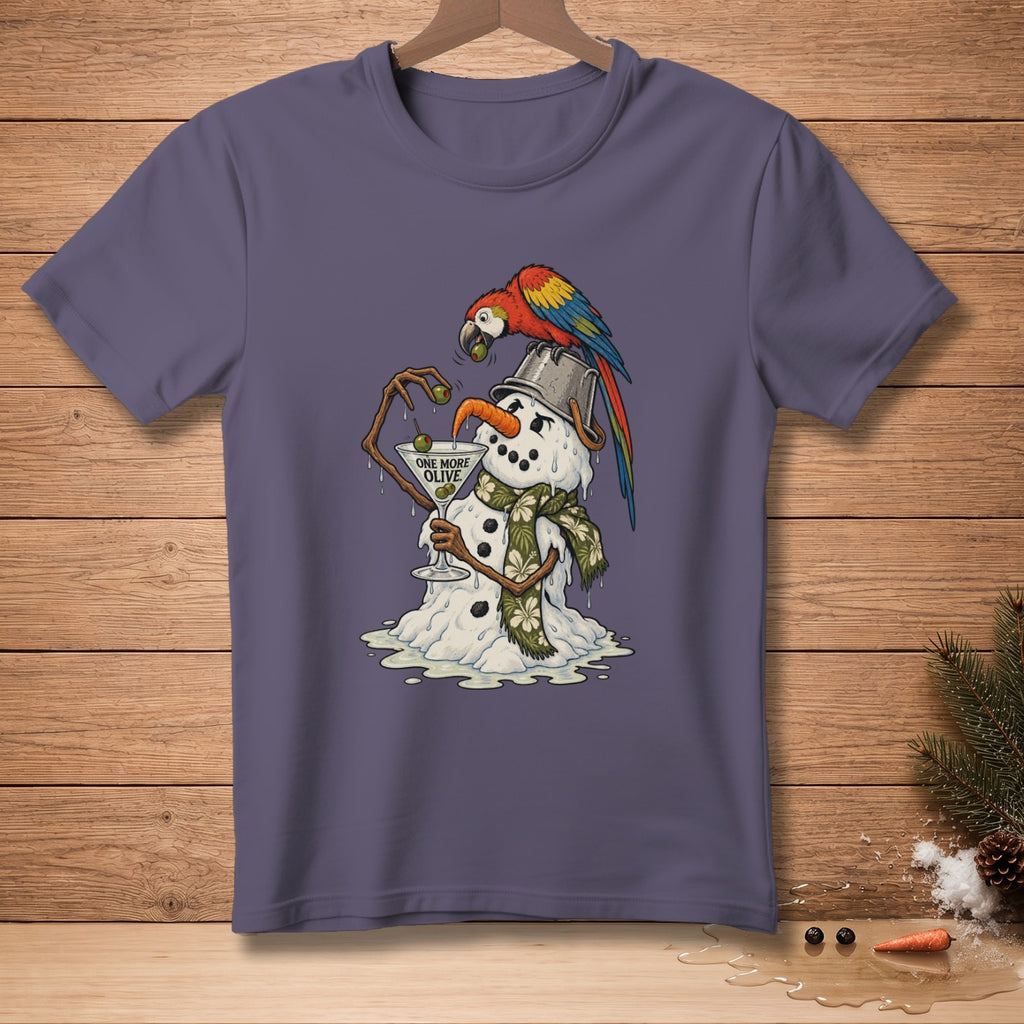 Melting snowman with parrot on head holds martini glass with "ONE MORE OLIVE" text.