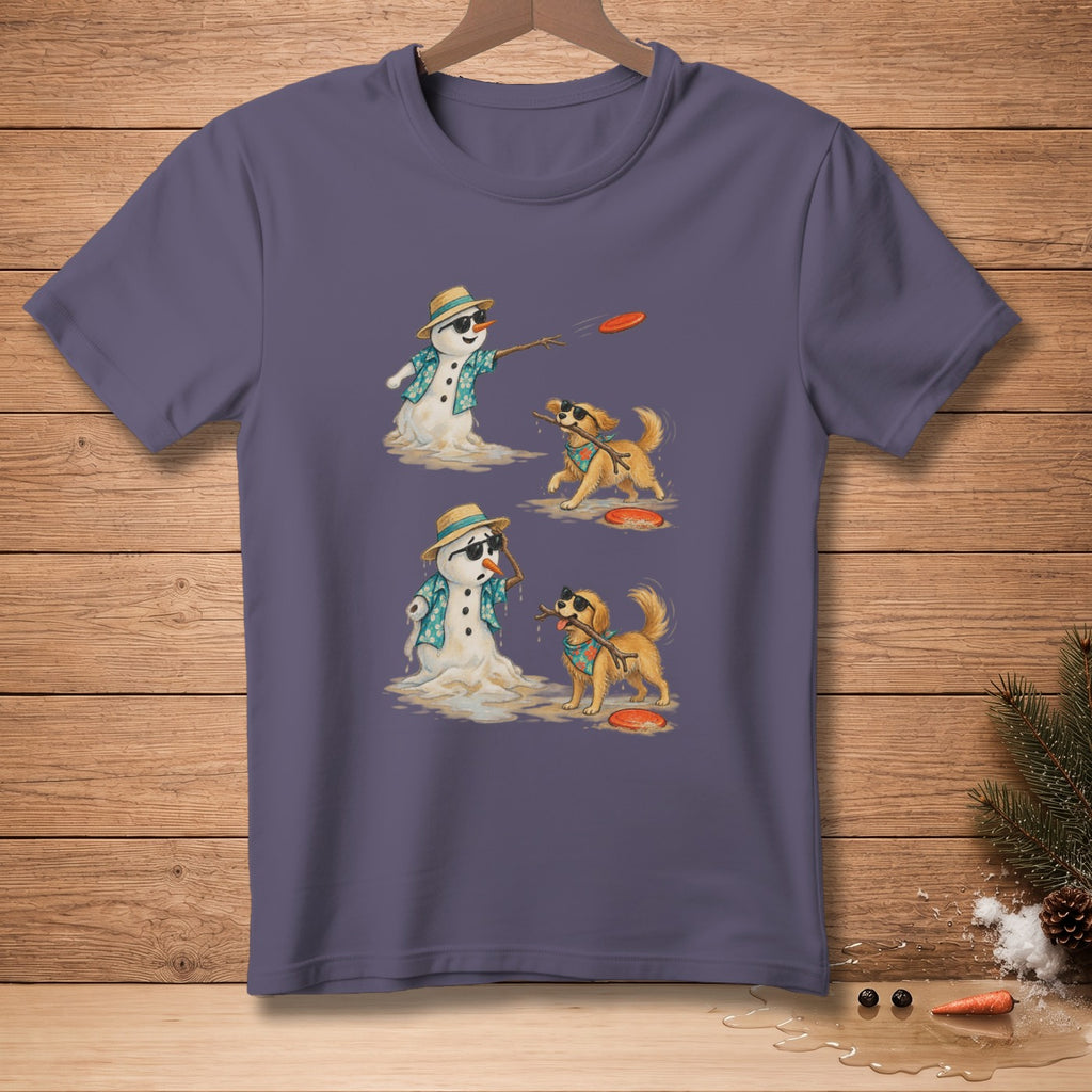 Snowman playing frisbee with a dog and a melting snowman with a dog.