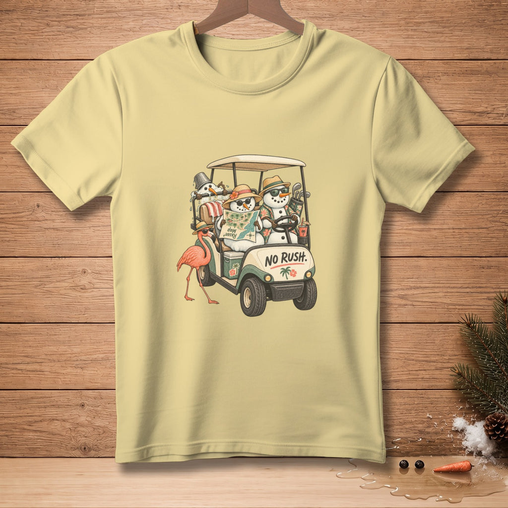 Snowmen in a golf cart with a flamingo and text "NO RUSH."