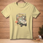 Snowmen in a golf cart with a flamingo and text "NO RUSH."
