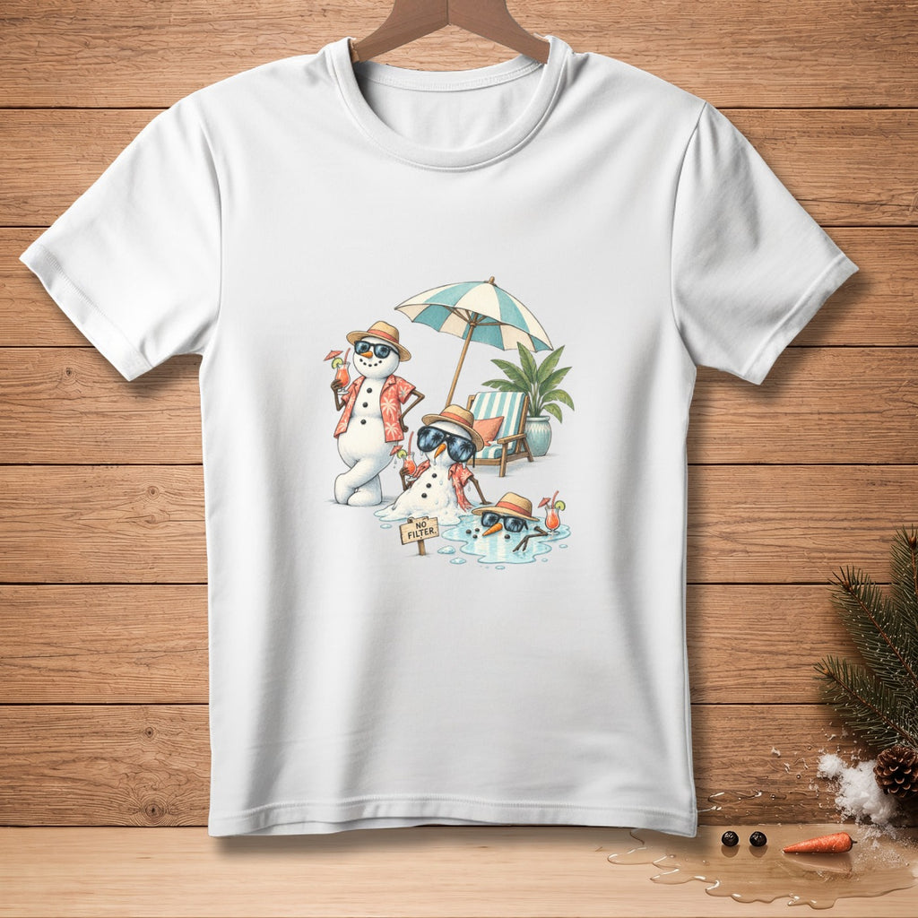 Cartoon snowmen in sunglasses and Hawaiian shirts relax under a beach umbrella with cocktails.