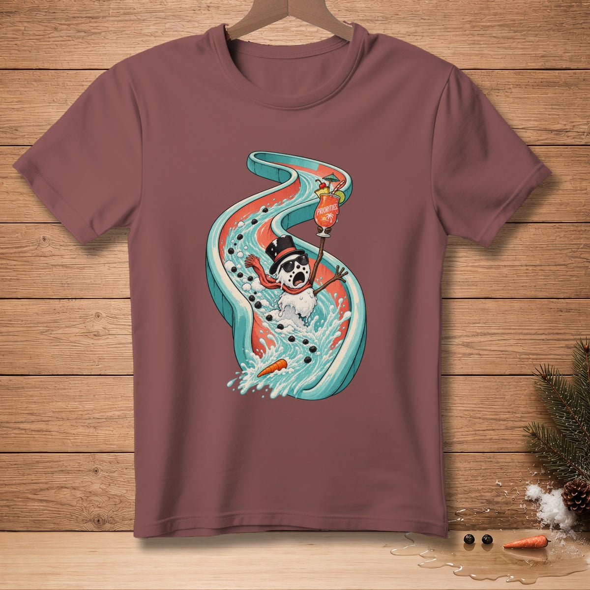Snowman on a waterslide holding a cocktail with text "Priorities".