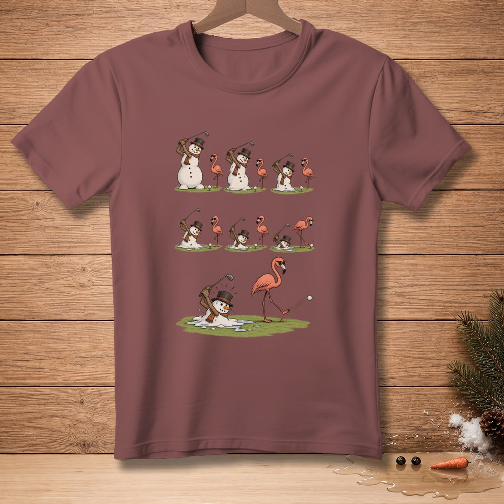 Cartoon snowmen and flamingos play golf on a melting course.