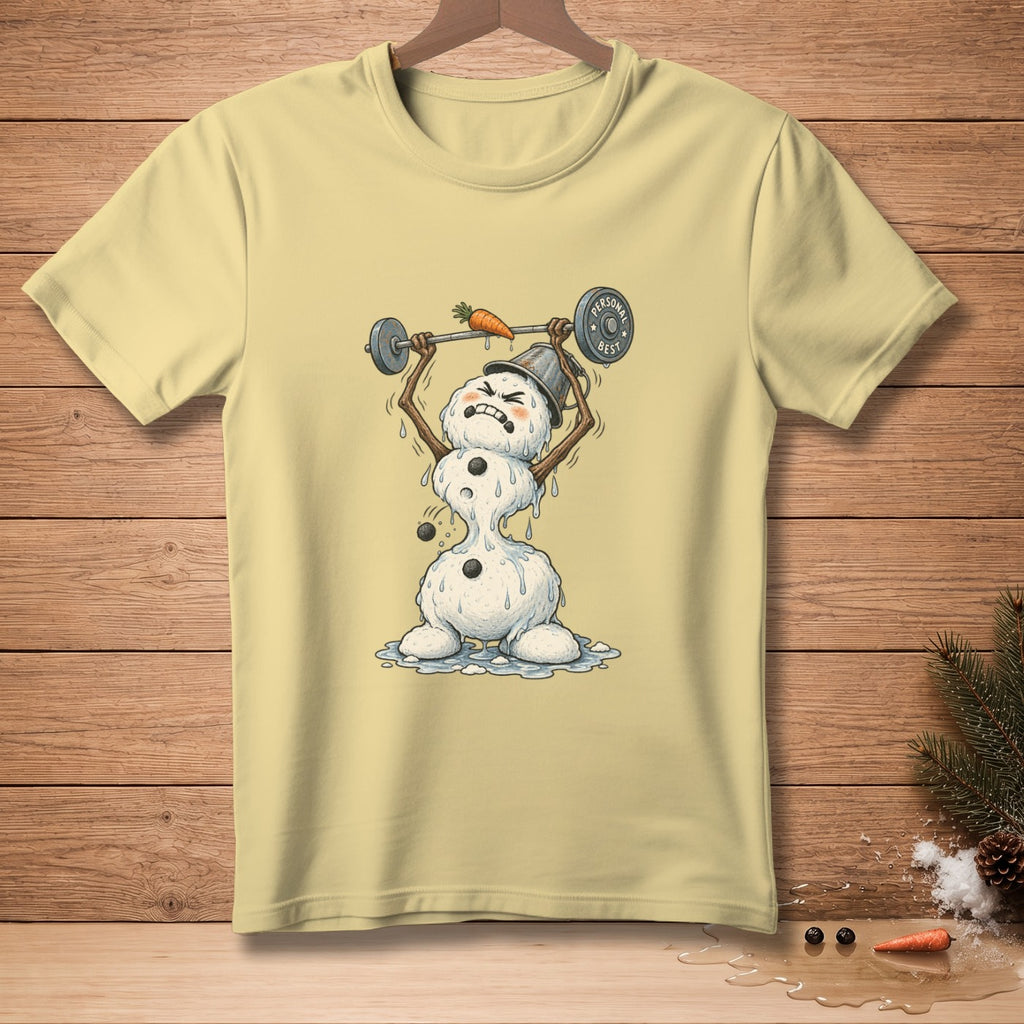 Melting snowman struggling to lift barbell with carrot and "Personal Best" weight.