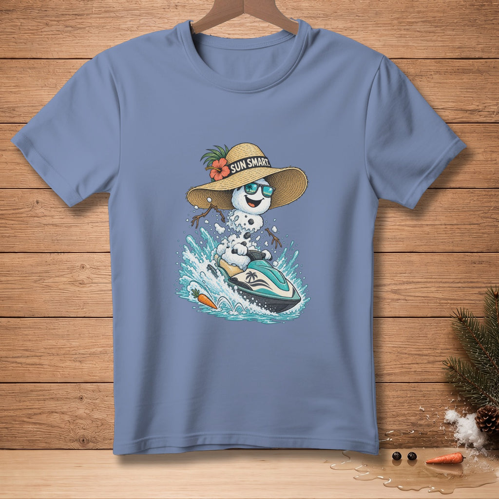Snowman in sunglasses and straw hat riding a jet ski, "Sun Smart" text on hat.