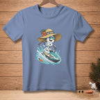 Snowman in sunglasses and straw hat riding a jet ski, "Sun Smart" text on hat.