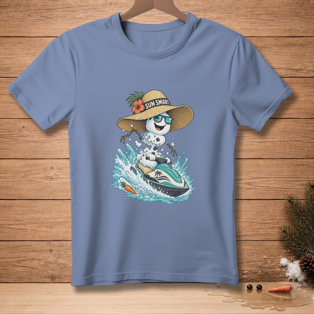 Snowman in sunglasses and straw hat riding a jet ski, "Sun Smart" text on hat.