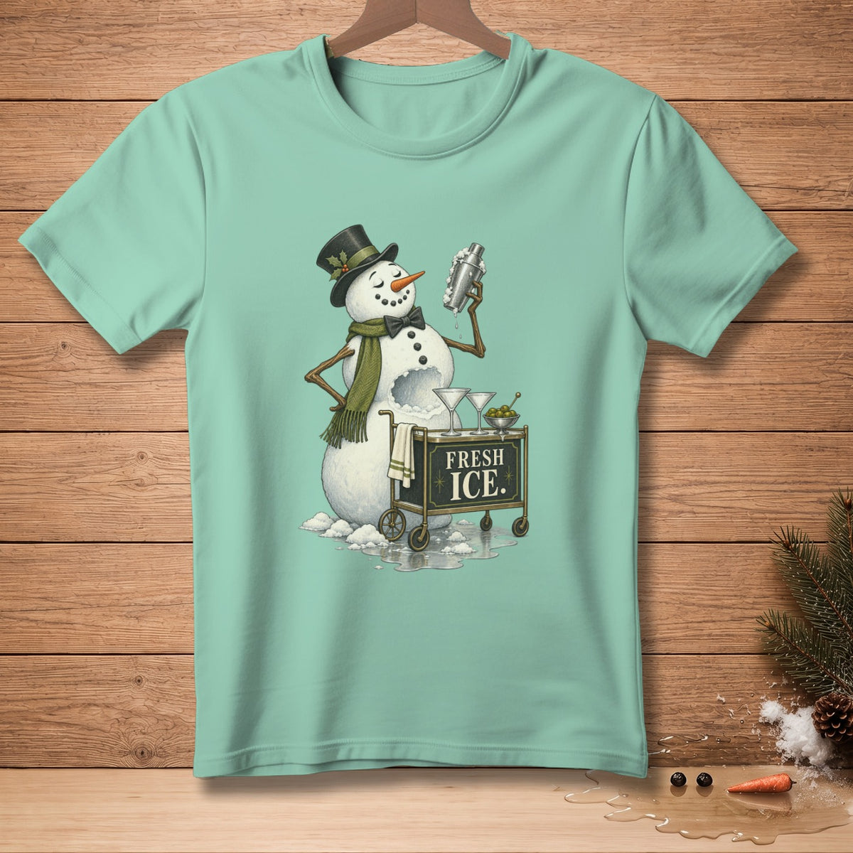 Snowman in top hat mixing drink at cart with text "FRESH ICE."