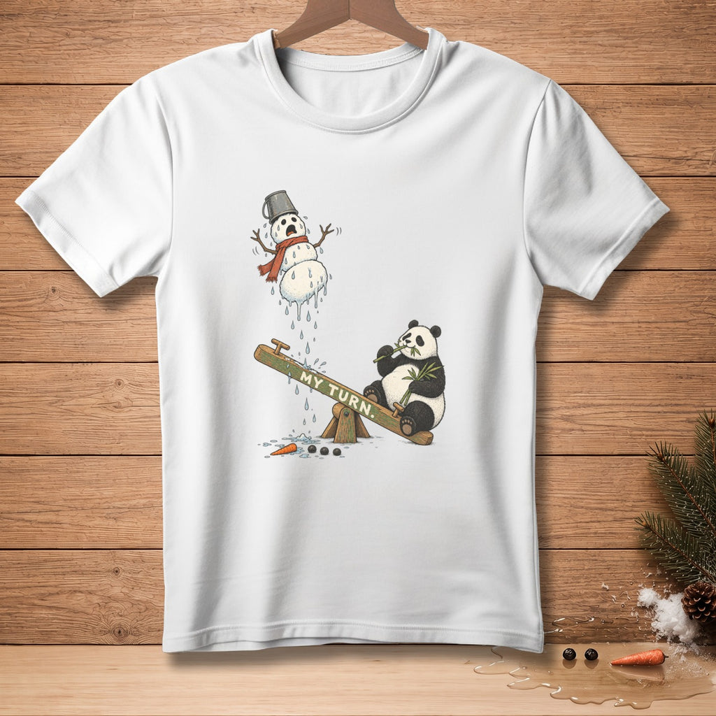 Panda on seesaw with melting snowman and "My Turn" text.