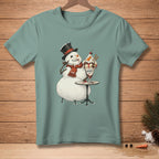 Snowman wearing top hat and scarf eating ice cream sundae with "DIGNITY" text.
