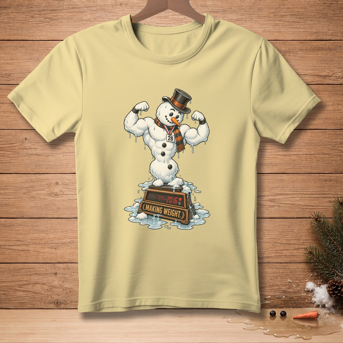 Snowman flexing on a scale reading "Making Weight" with years 2018 and 2016.