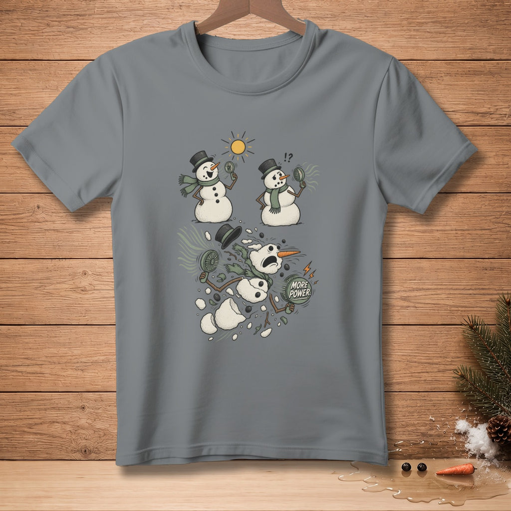 Cartoon snowmen melt under sun, one disintegrating with "More Power!" text.