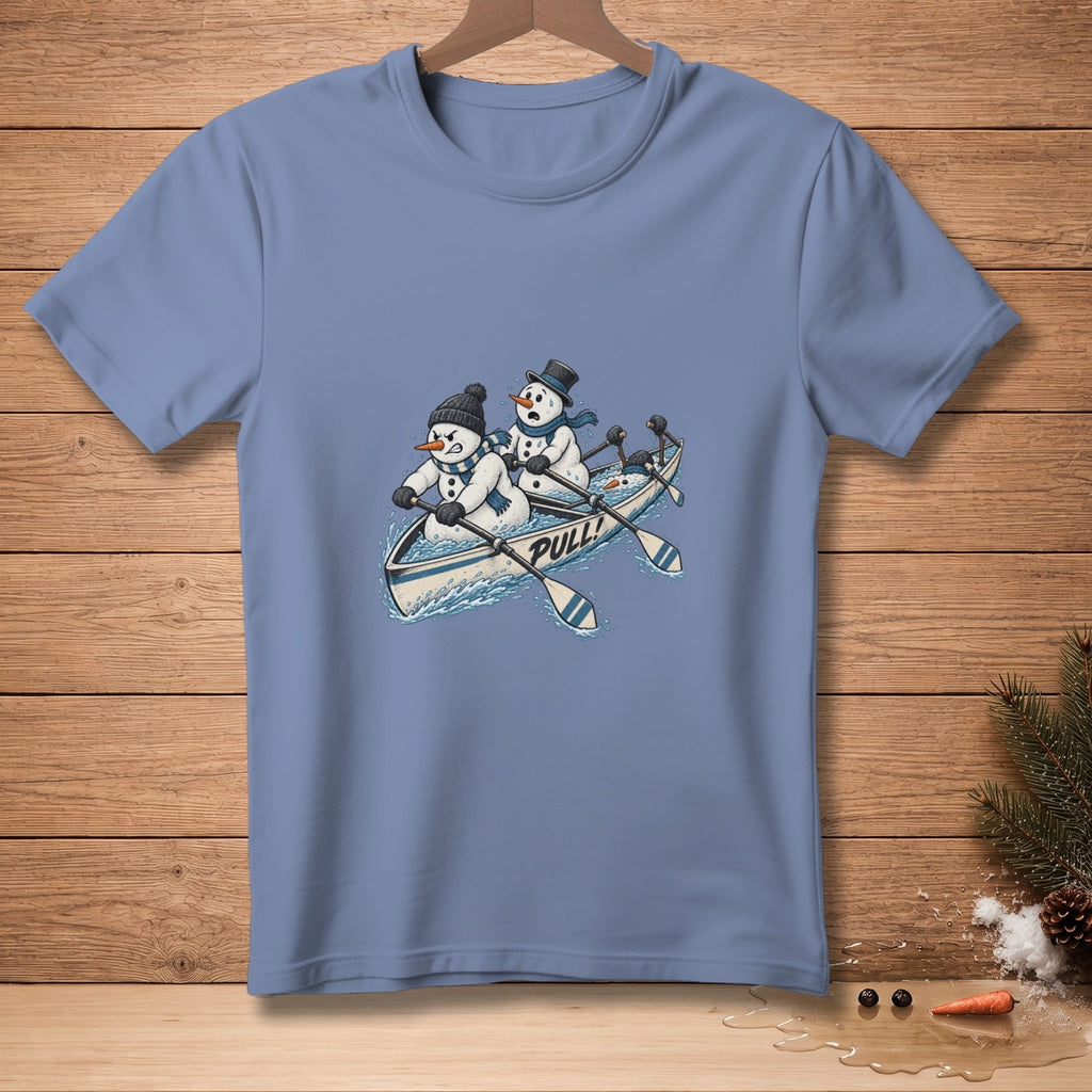 Snowmen in a canoe rowing with paddles and the word "PULL!".