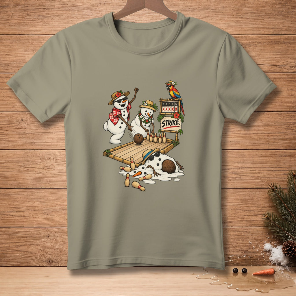 T-shirt graphic: snowmen bowling, with one melted, a parrot, and "STRIKE" text.
