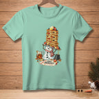 Snowman holding a large stack of pancakes, with syrup and berries. Text reads "Light Breakfast."