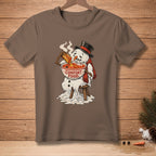 Melting snowman in a top hat eating soup with text "COMFORT FOOD".