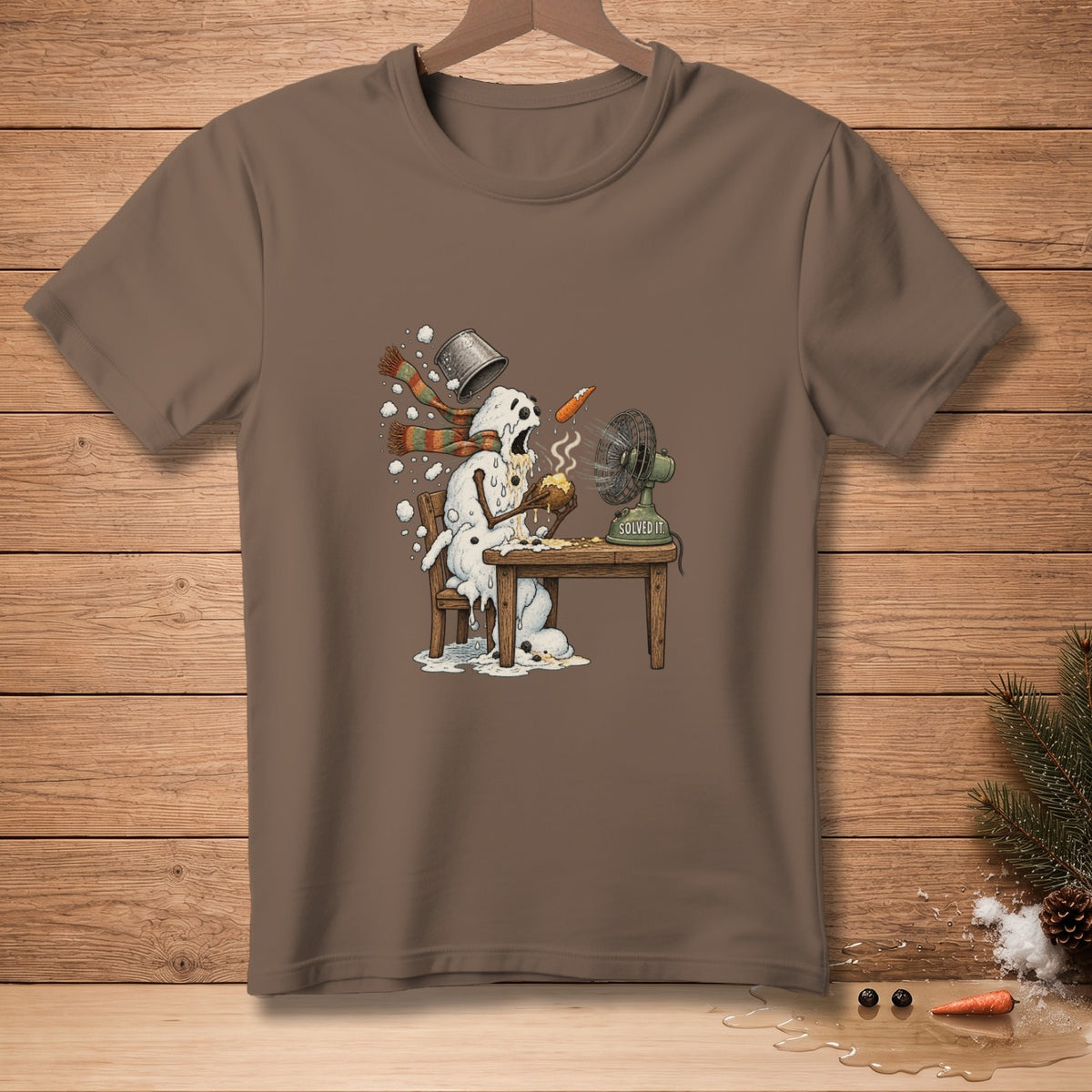 Melting snowman eating from a bowl near a fan that says SOLVED IT.