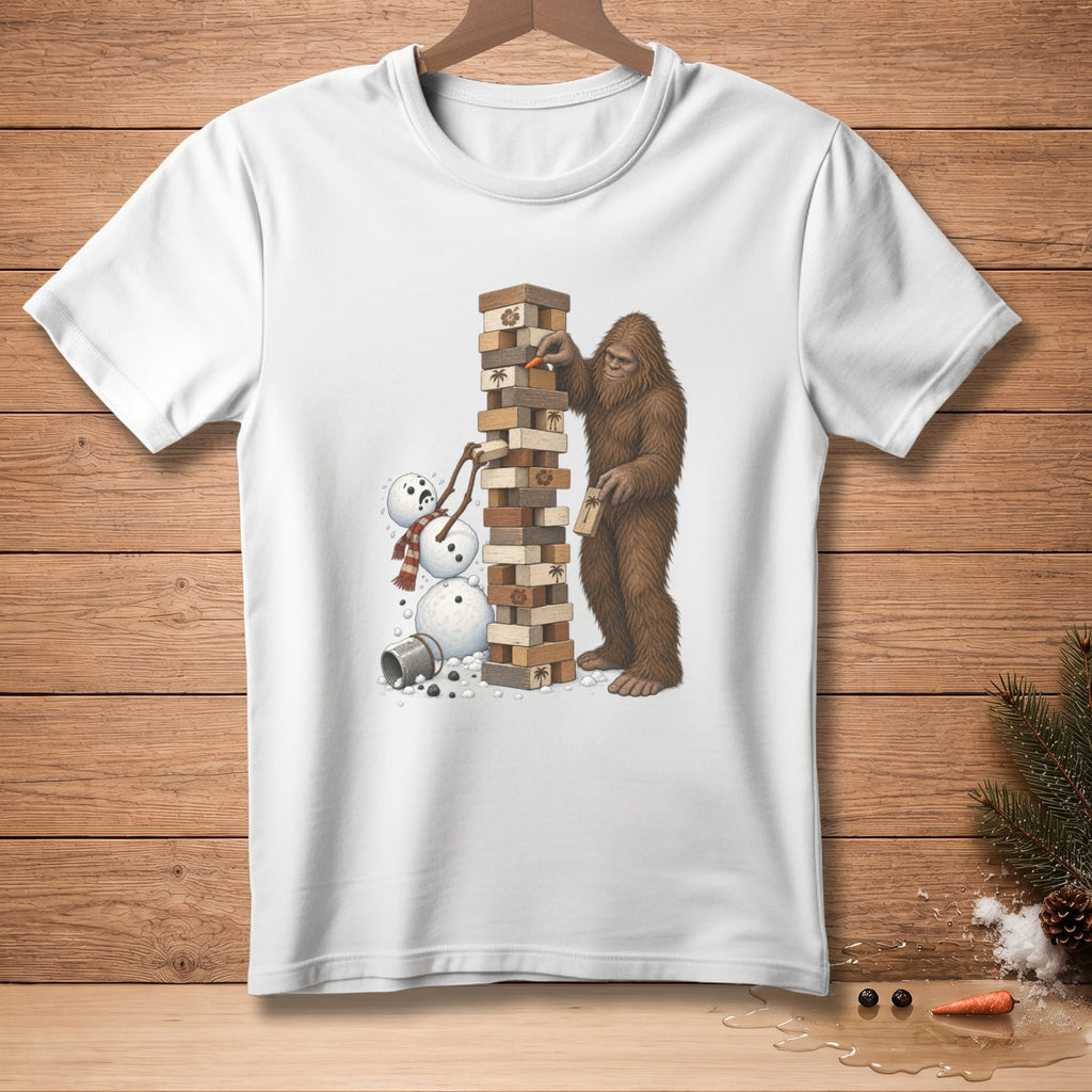 Bigfoot plays Jenga with a snowman, knocking over blocks.