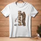 Bigfoot plays Jenga with a snowman, knocking over blocks.