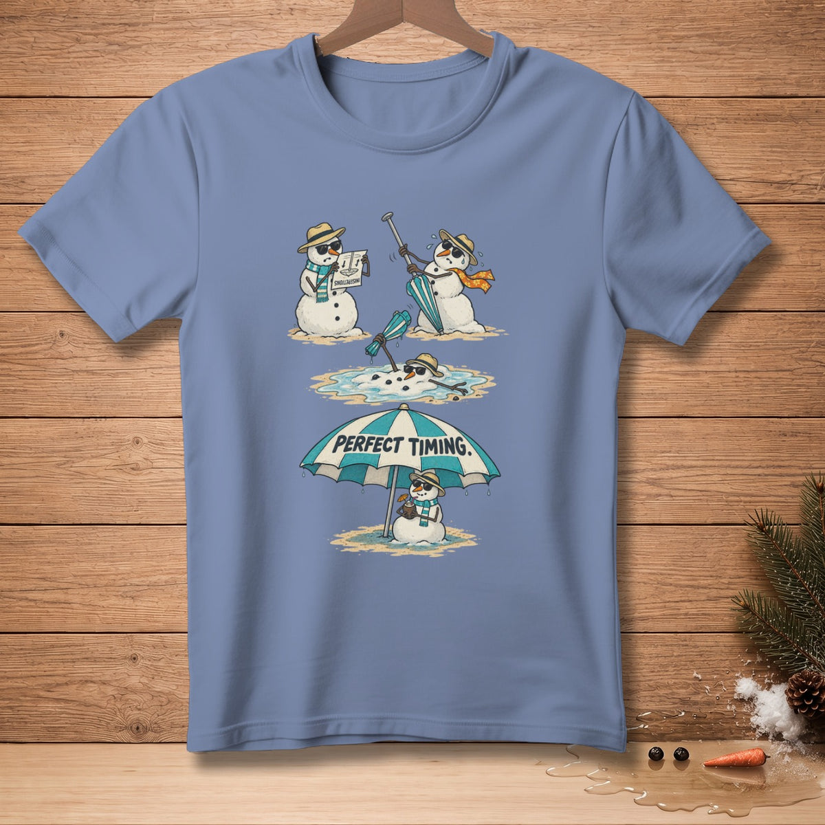 Three snowmen melting under the sun, one reads instructions, one struggles, one relaxes.