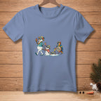 Snowmen in Hawaiian shirts and hats walk with drinks, with a parrot holding a sign saying "Don't Break The Chain".