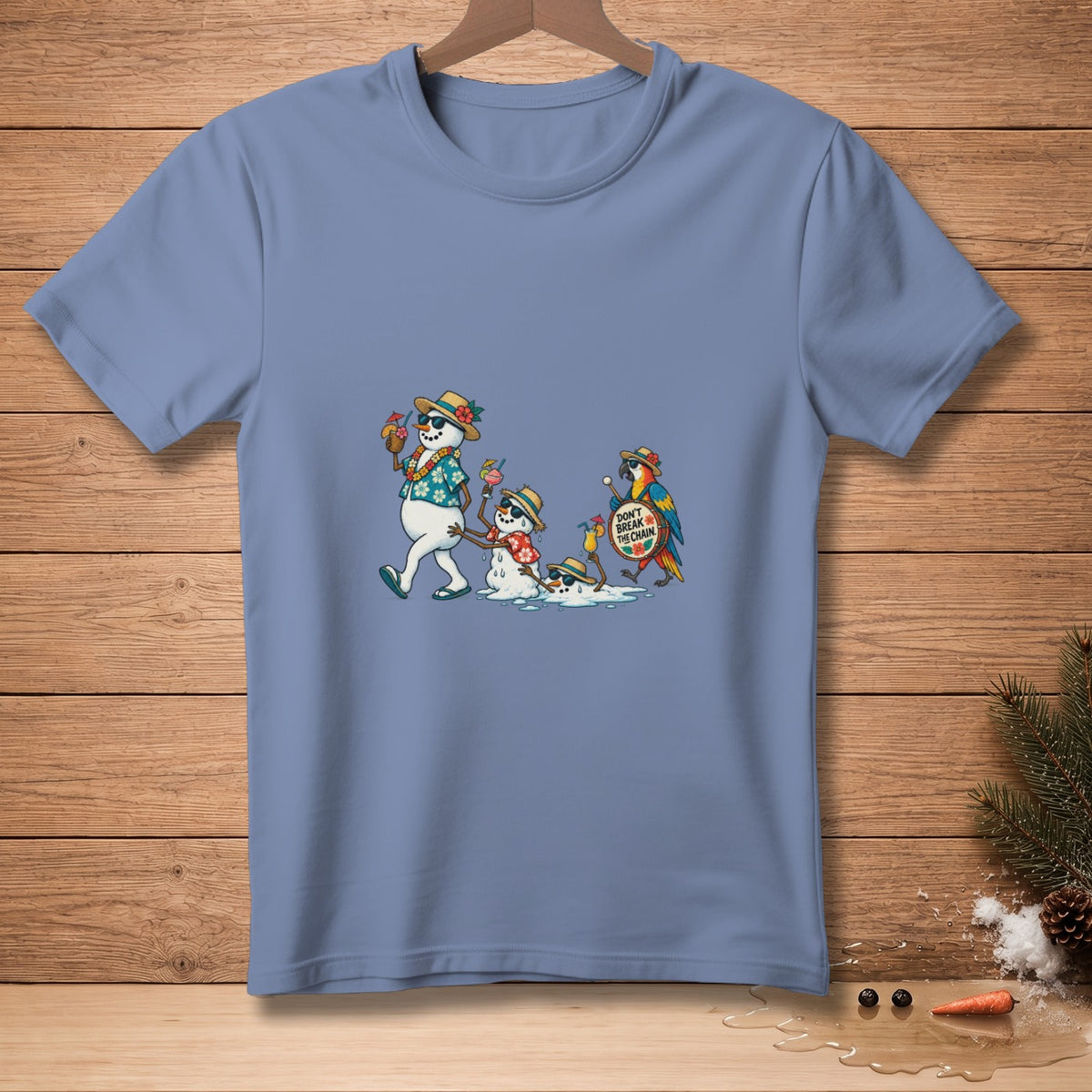 Snowmen in Hawaiian shirts and hats walk with drinks, with a parrot holding a sign saying "Don't Break The Chain".