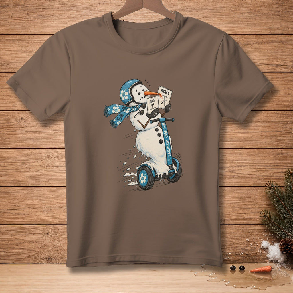 Snowman riding a Segway, holding instruction manuals, "Brake" and "Very Intuitive".
