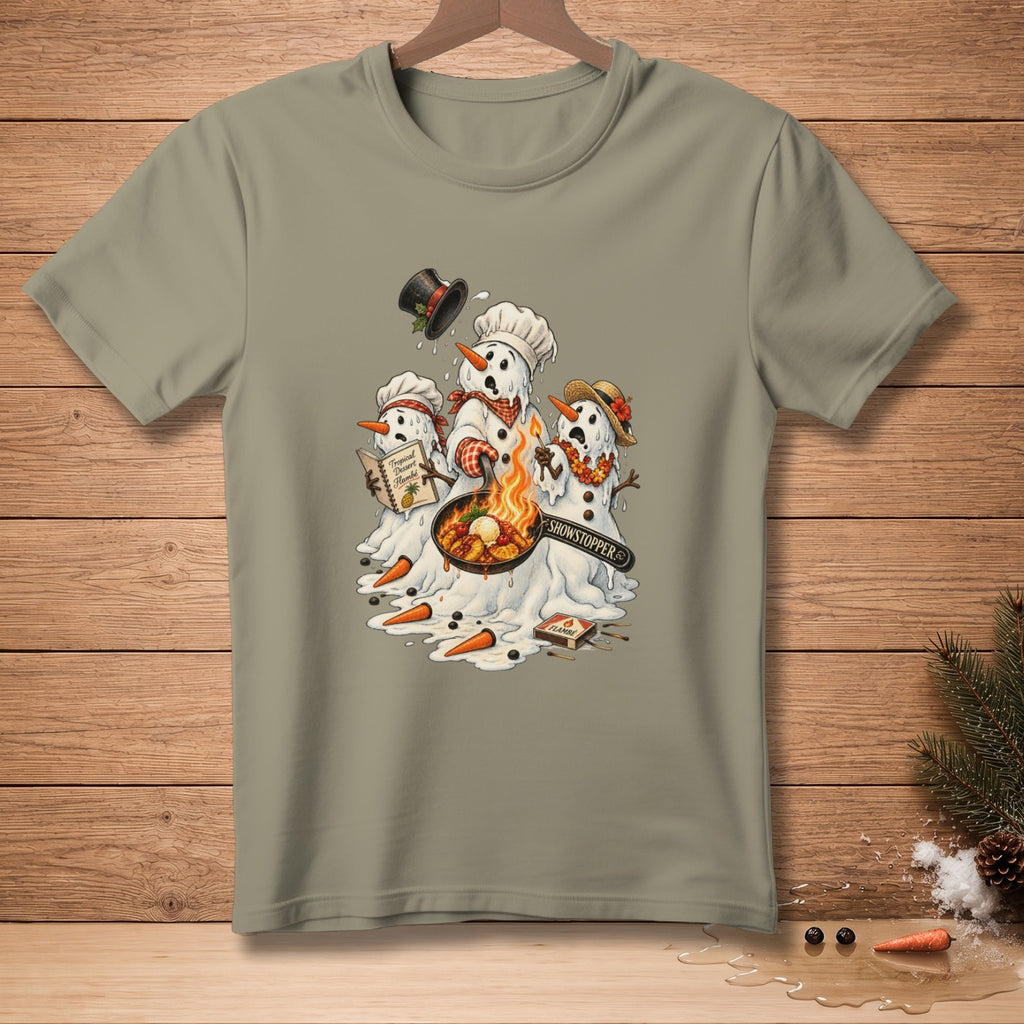 Three melting snowmen cooking a flambéed dish in a skillet, "Showstopper" text.