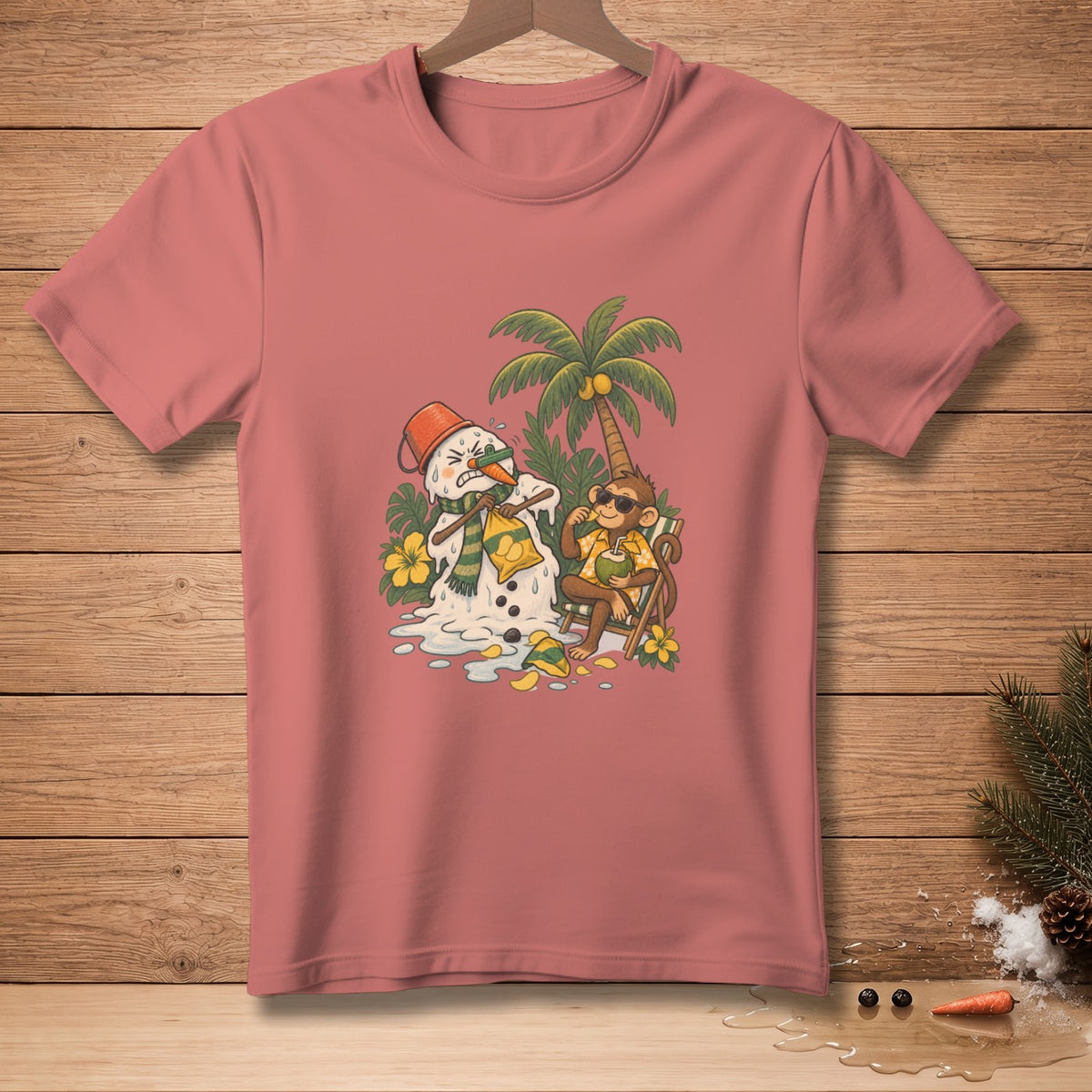 Cartoon snowman melting on beach next to monkey drinking coconut.