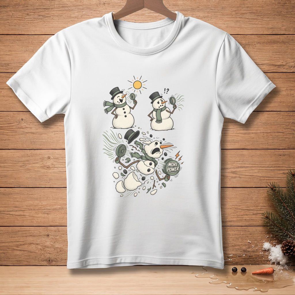 T-shirt with cartoon of snowmen exploding, one holding a sun, another with "more power."