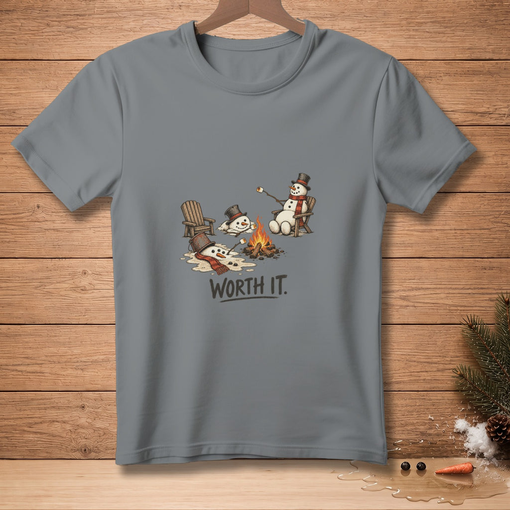 Melting snowmen roasting marshmallows by a campfire with text "WORTH IT."