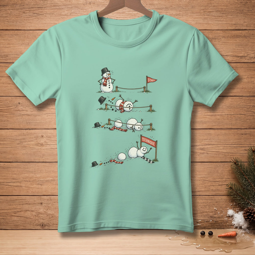 T-shirt graphic of snowmen failing a race, with "Start" and "Technique" signs.