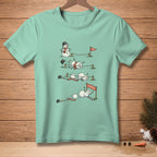T-shirt graphic of snowmen failing a race, with "Start" and "Technique" signs.