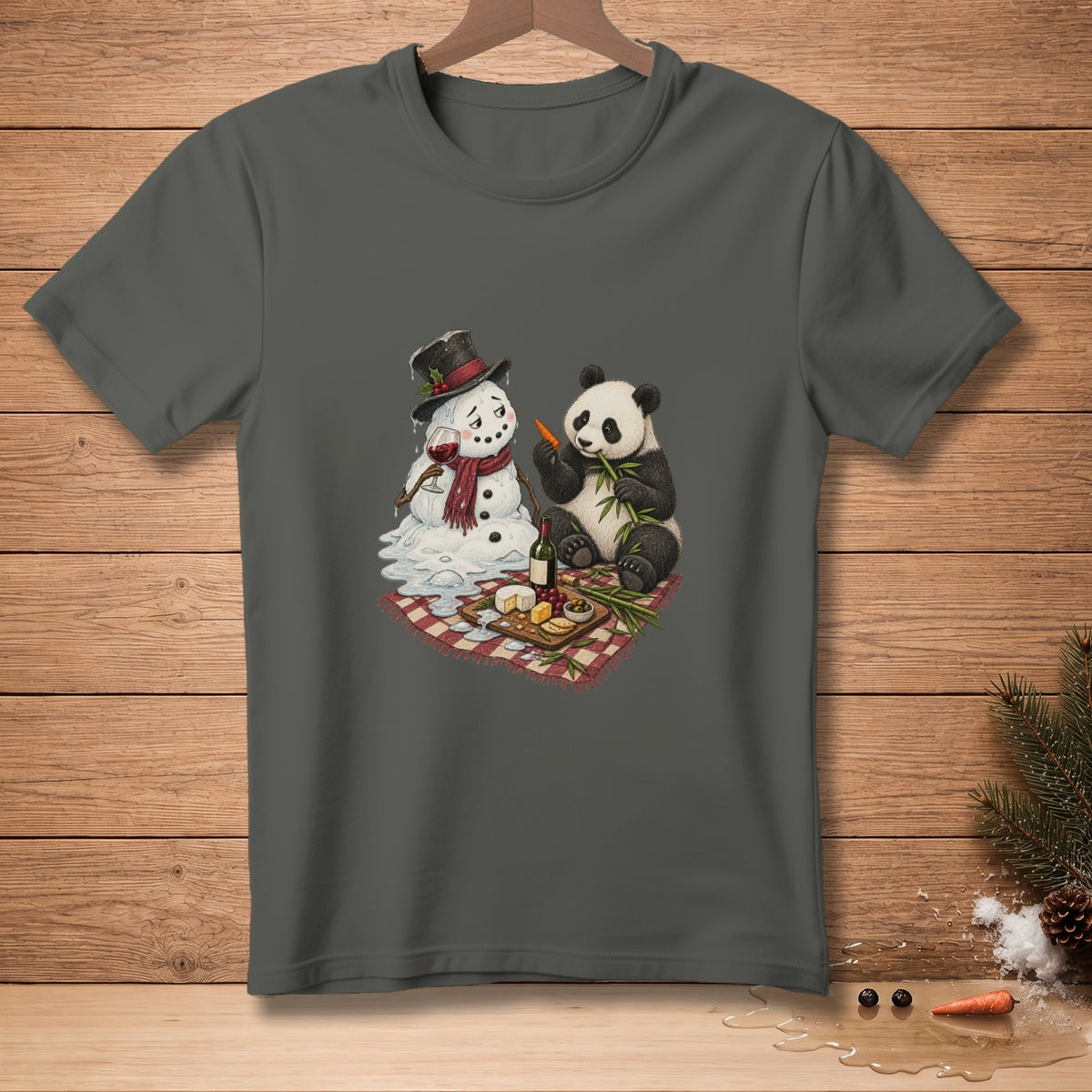 Panda eating bamboo and melting snowman drinking wine on picnic blanket.