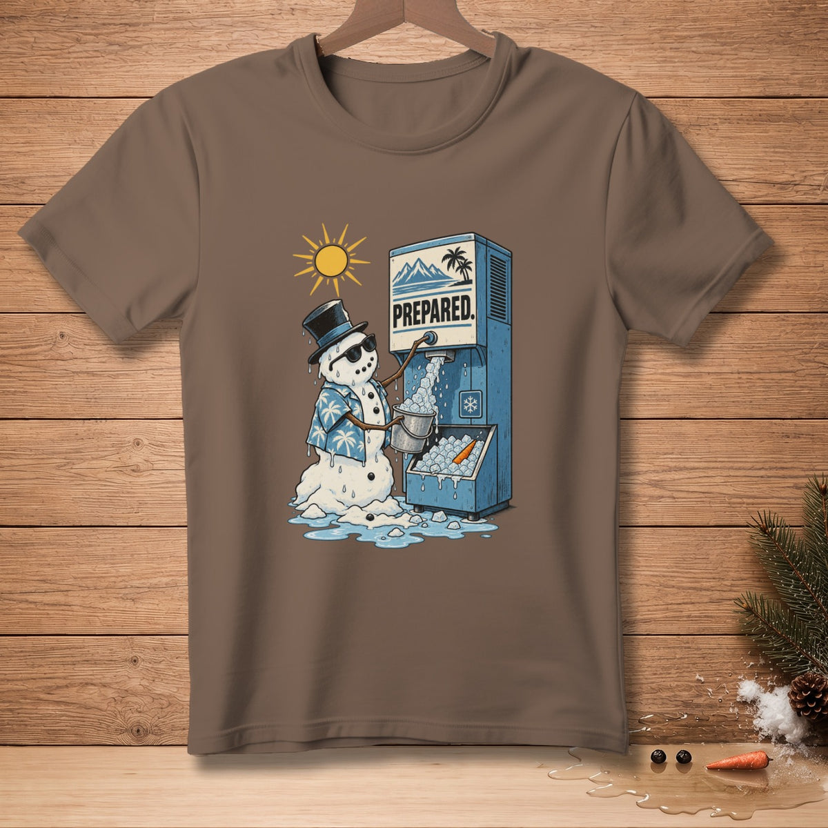 Snowman with sunglasses and top hat using an ice machine that says "PREPARED."