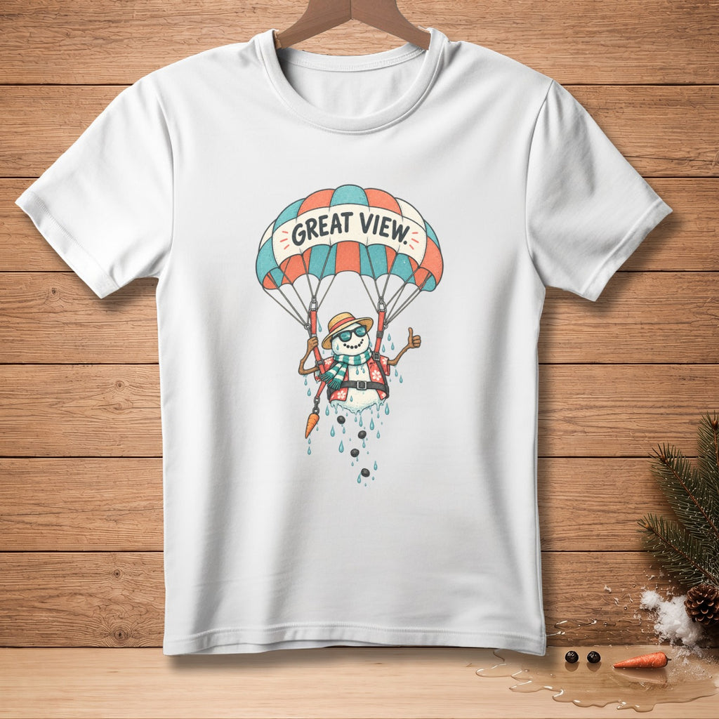 White t-shirt with a melting snowman skydiving under a parachute that says "Great View."