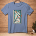 T-shirt with melting snowmen and surfboard in an elevator, button reads "BEACH".