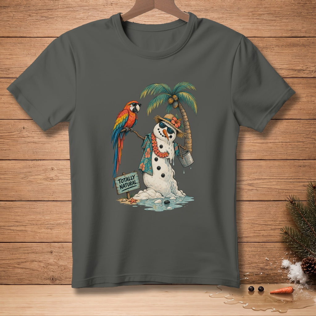 Melting snowman wearing sunglasses and Hawaiian shirt with parrot, palm tree, and "Totally Natural" sign.