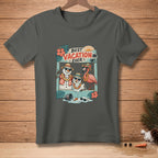 T-shirt graphic with two snowmen and a flamingo on a beach with text "BEST VACATION EVER".