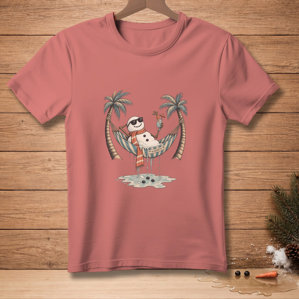 Melting snowman in hammock with sunglasses, drink, and text "NO REGRETS."