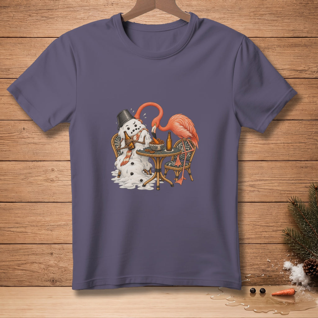 Melting snowman with bucket and scarf drinks beer with a flamingo.