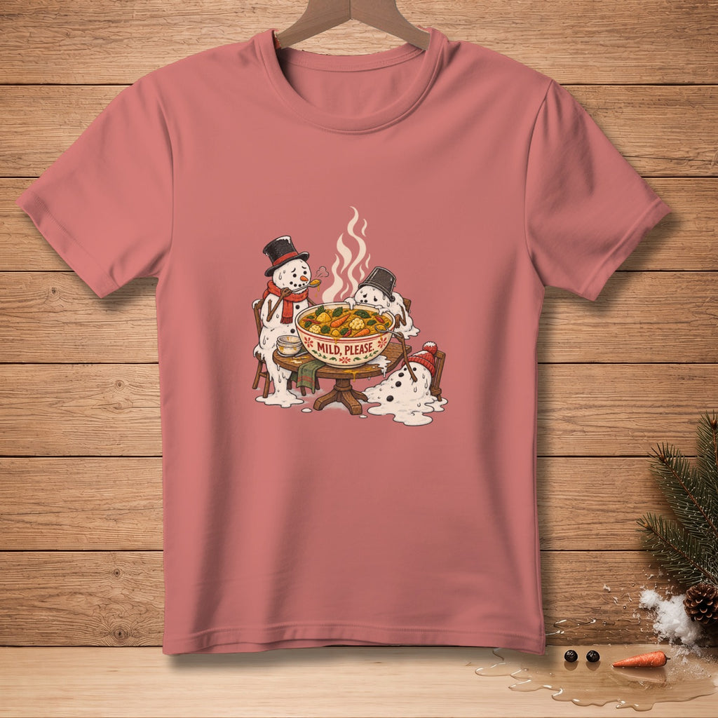 Two melting snowmen eat soup that reads "Mild, Please."