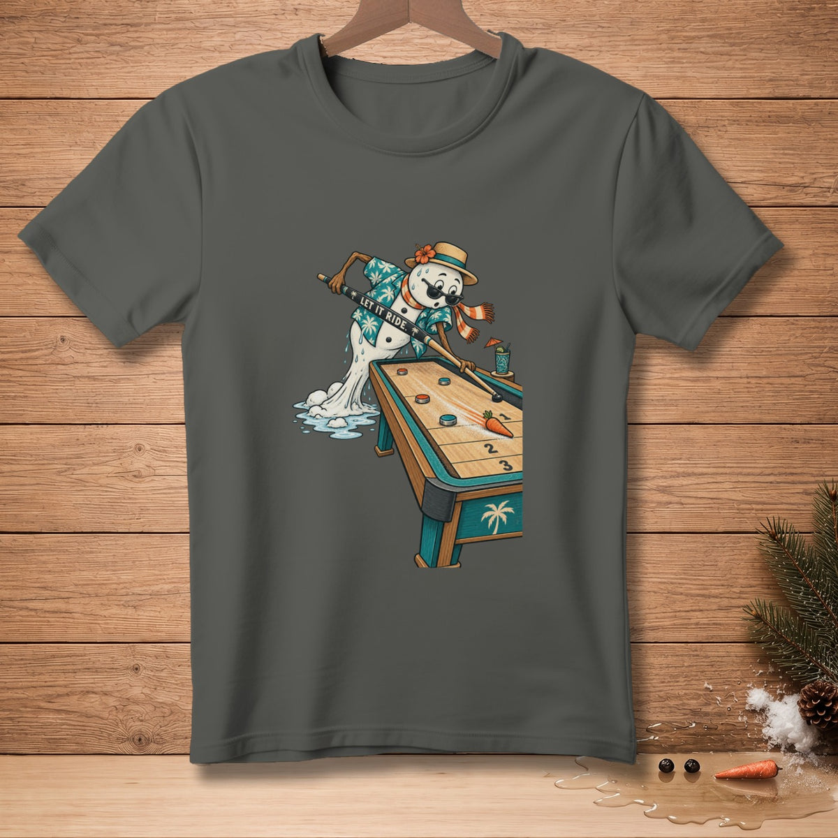 Snowman playing pool with text "LET IT RIDE." on shirt.