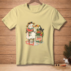 Snowman eating watermelon with toucan and fruit stand, text "Fresh & Juicy".