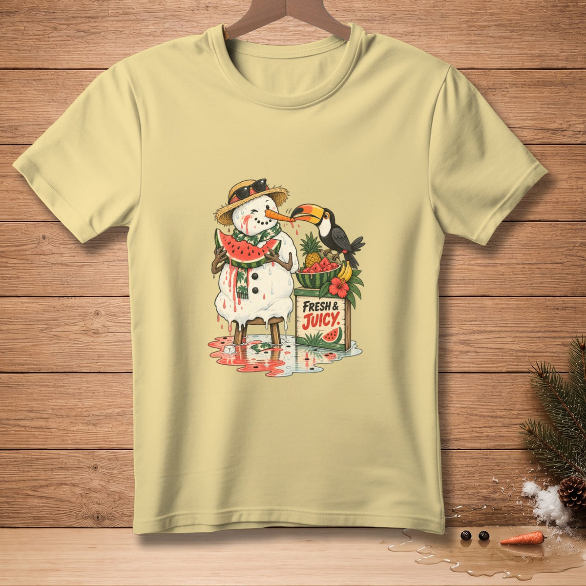 Snowman eating watermelon with toucan and fruit stand, text "Fresh & Juicy".