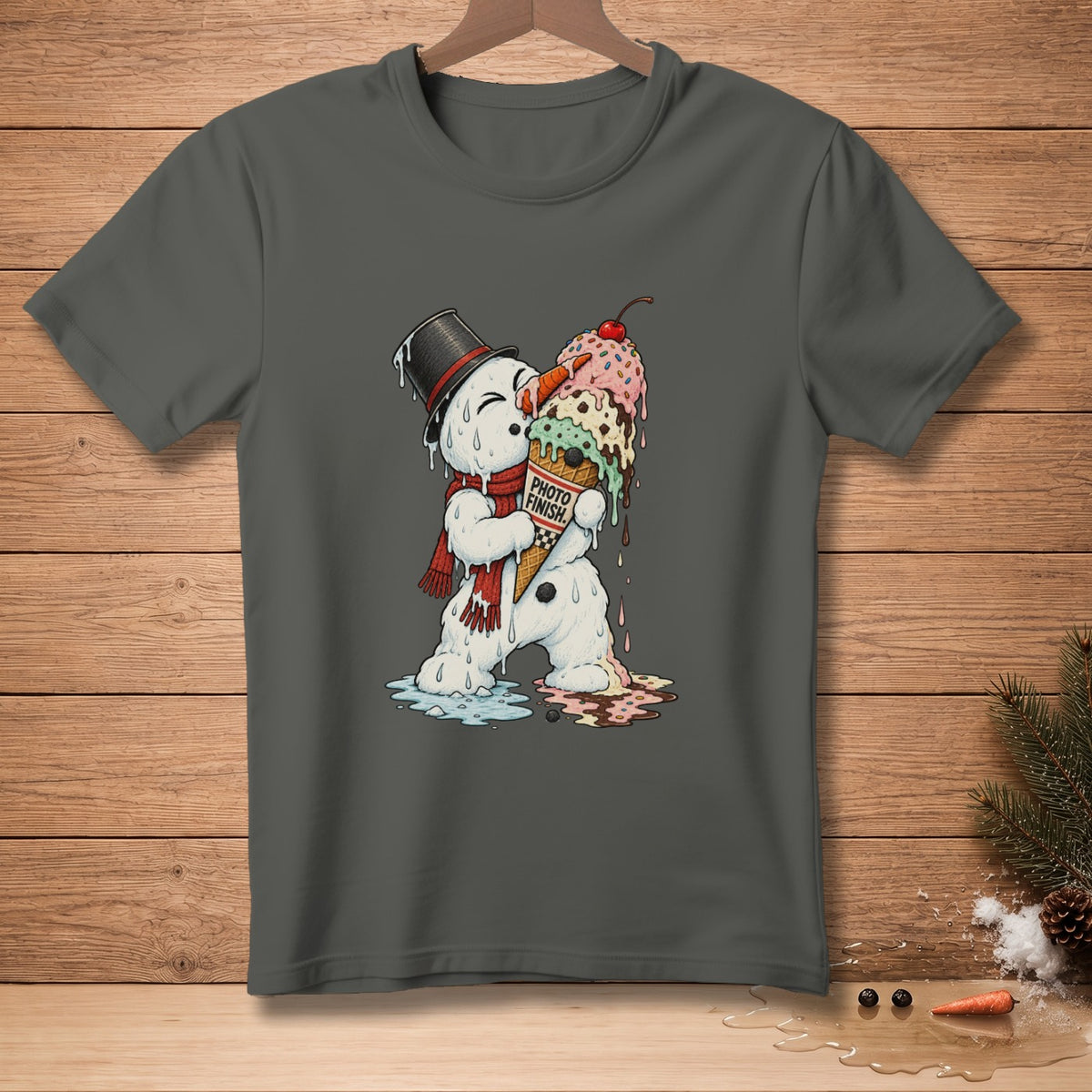 Melting snowman wearing a hat and scarf holds an ice cream cone with "Photo Finish" text.