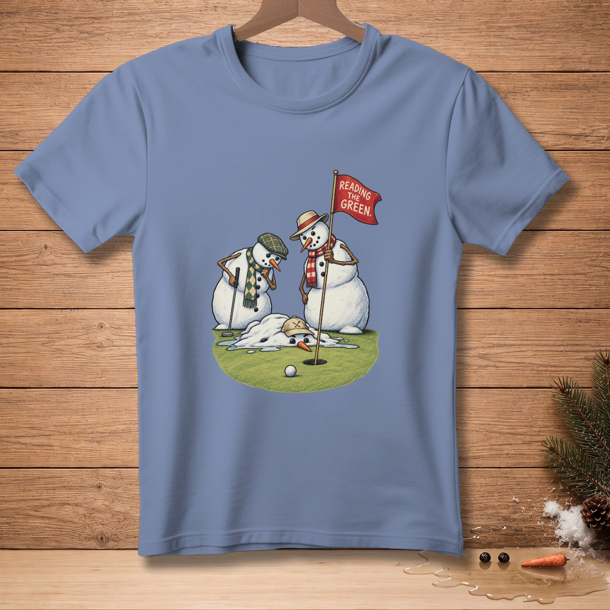 Two snowmen with golf clubs on a golf course, one melting.